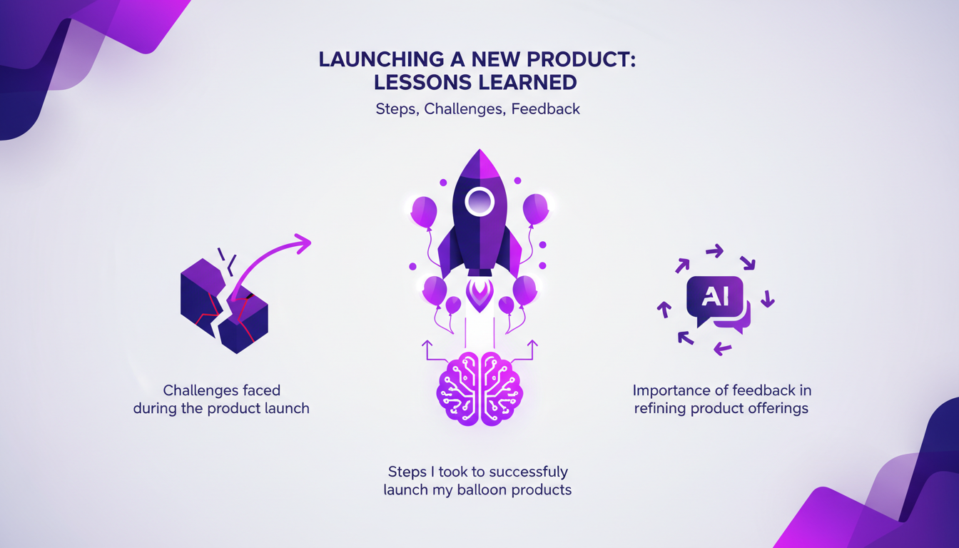 Illustration moderne de lancement de produit avec ballons, formes géométriques et dégradés, symbolisant les leçons apprises et l'importance des retours.