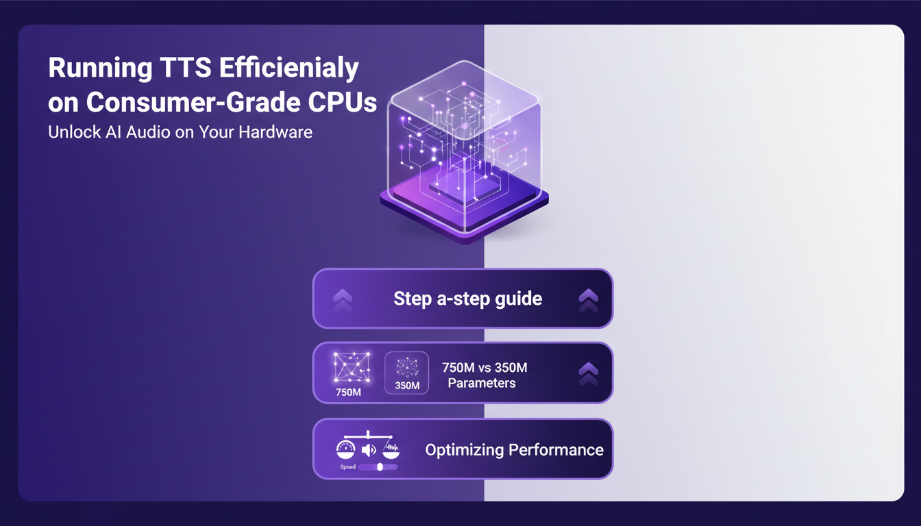 Illustration moderne de l'exécution efficace de la TTS sur CPU grand public, comparant 750M et 350M paramètres, optimisée pour performance.