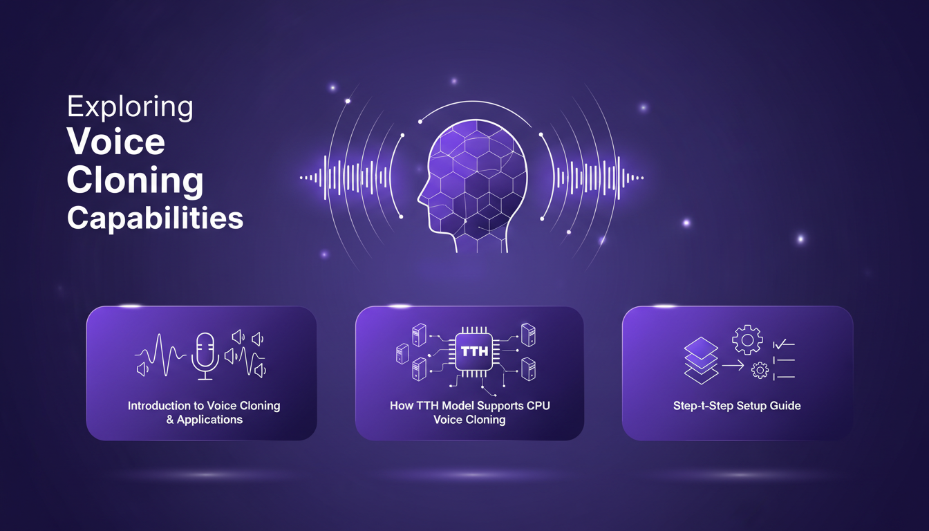 Illustration moderne sur les capacités de clonage vocal, montrant des concepts IA avec des formes géométriques et des dégradés violets.