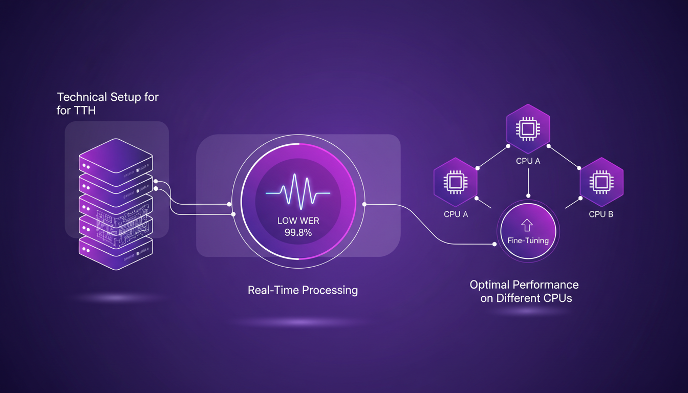 Illustration moderne de configuration technique et performance en temps réel, avec formes géométriques et dégradés violets.