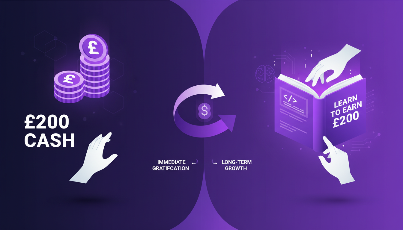 Illustration moderne sur le choix entre £200 en espèces et un livre sur la finance, symbolisant la gratification immédiate vs l'apprentissage.