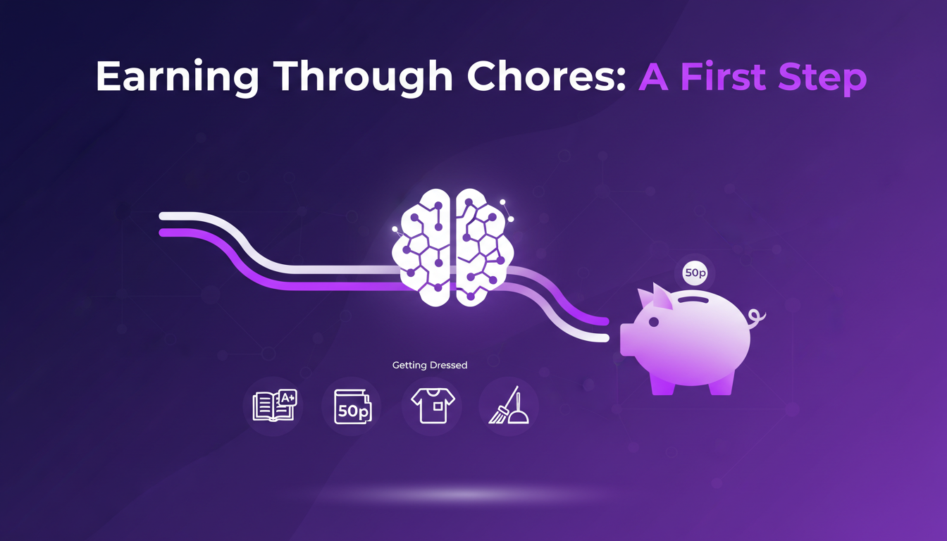 Illustration moderne et minimaliste de l'apprentissage des tâches ménagères pour gagner de l'argent, avec des nuances d'indigo et de violet.
