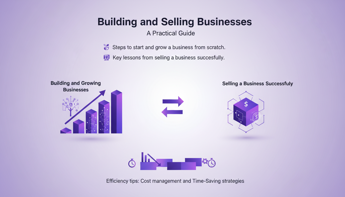 Illustration moderne sur la construction et la vente d'entreprises, avec des formes géométriques et des dégradés indigo et violet.