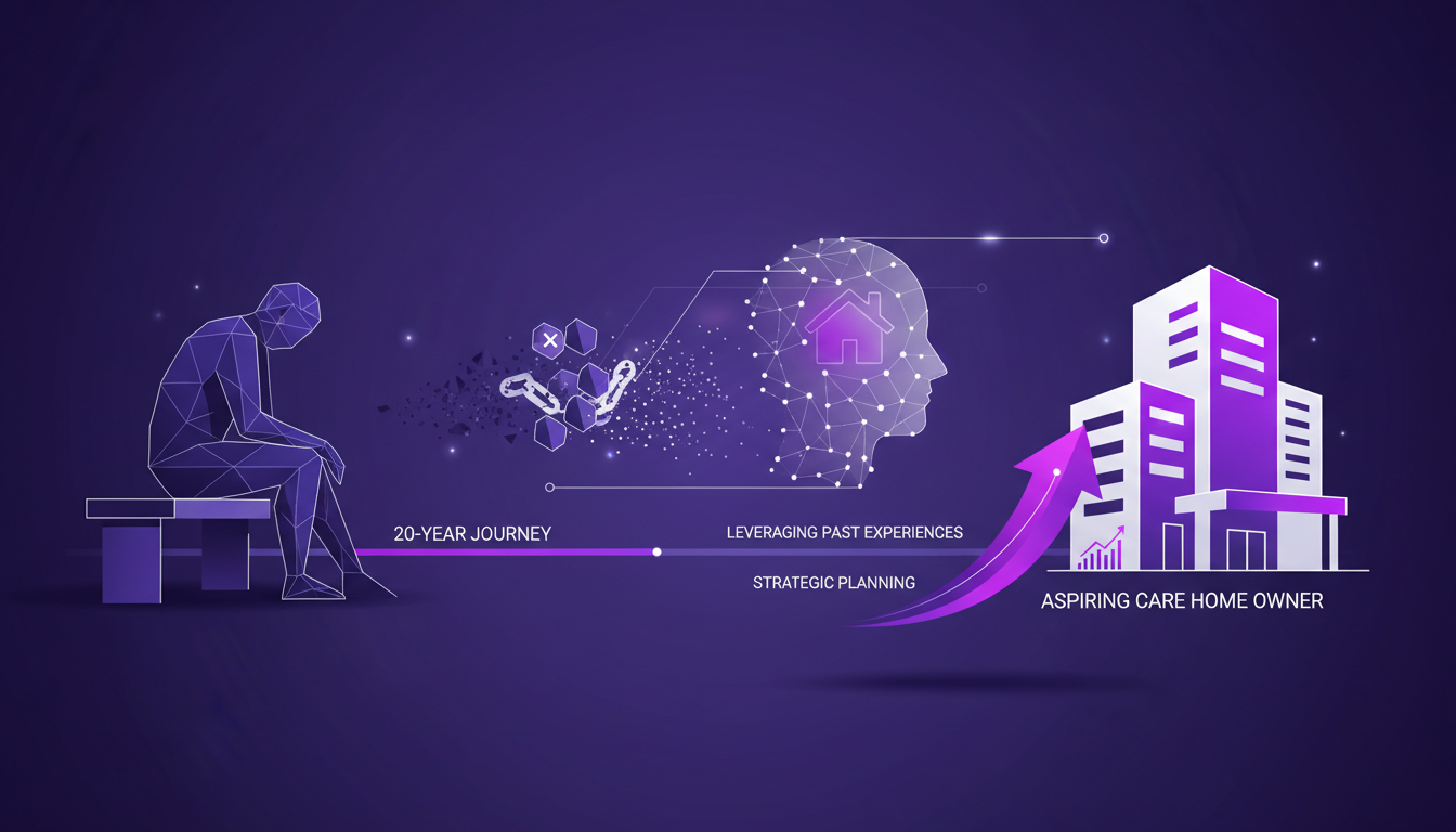 Illustration moderne représentant un parcours de 20 ans de l'itinérance à l'entrepreneuriat dans les soins, avec des formes géométriques et des dégradés.