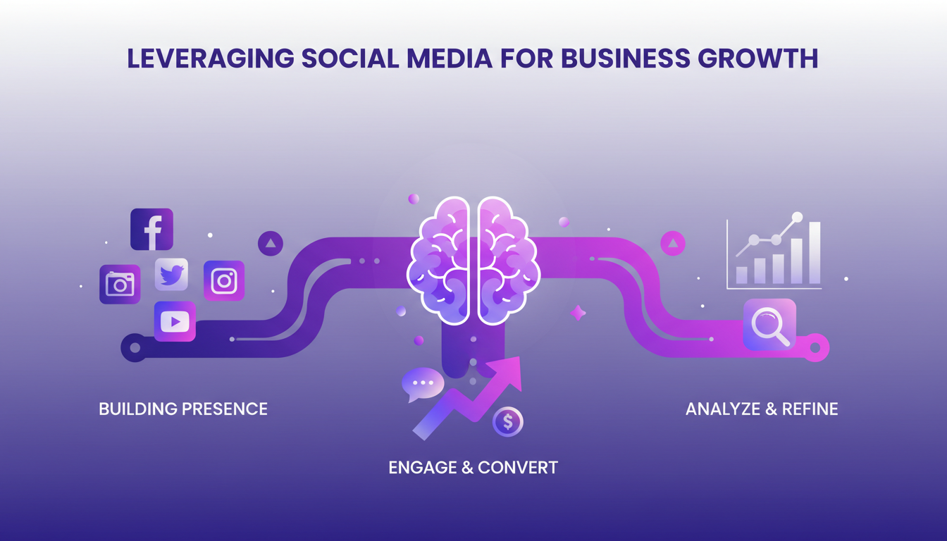 Illustration moderne sur l'utilisation des réseaux sociaux pour la croissance des entreprises avec des formes géométriques et des dégradés.