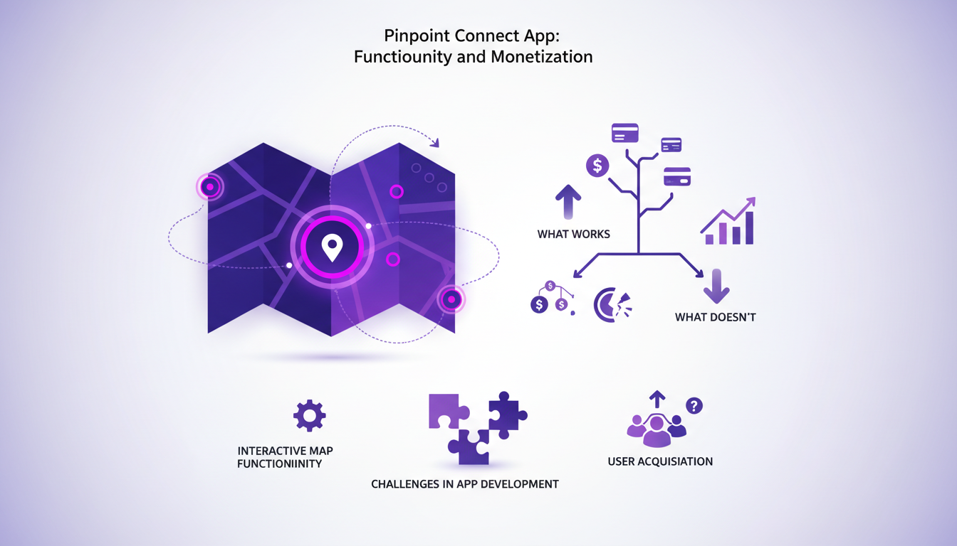 Illustration moderne de l'application Pinpoint Connect montrant la fonctionnalité de carte interactive et le modèle de monétisation.