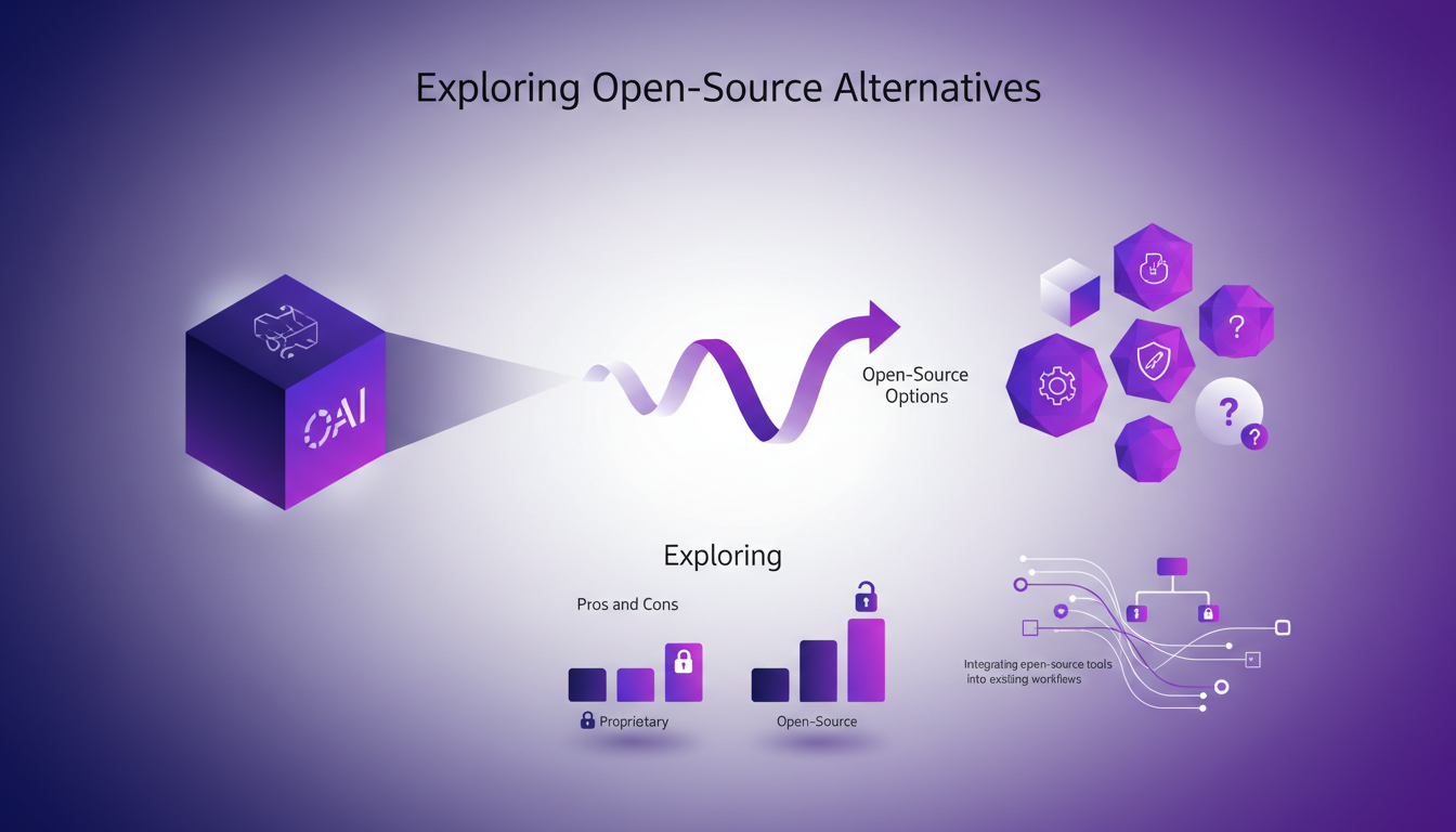 Modern minimalist illustration exploring open-source alternatives to OpenAI's API, integrating into workflows, with geometric shapes.