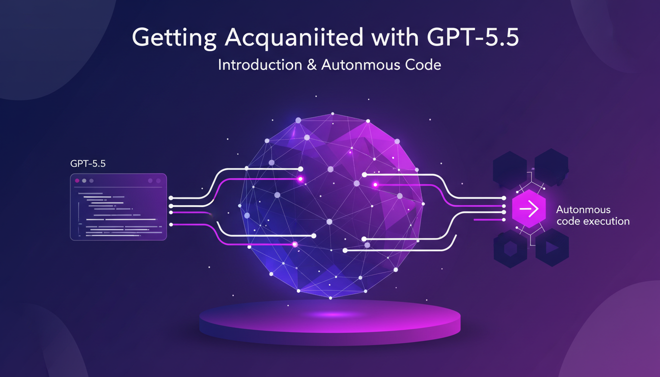 Illustration moderne de l'initiation à GPT-5.5 avec formes géométriques et dégradés violets, symbolisant l'innovation en IA.