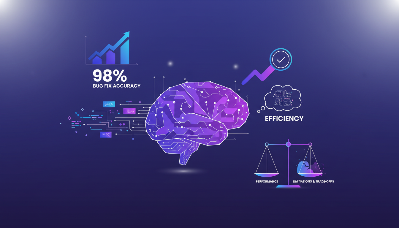 Illustration moderne de performance en tâches de codage, avec efficacité et précision de 98% en correction de bugs, style minimaliste.