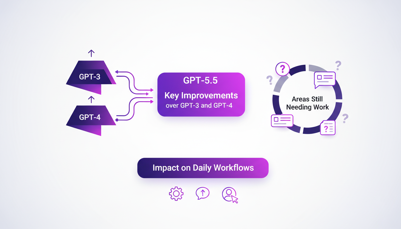 Illustration moderne comparant GPT-5.5 avec GPT-3 et GPT-4, montrant améliorations clés, défis restants et impact sur les flux de travail quotidiens.