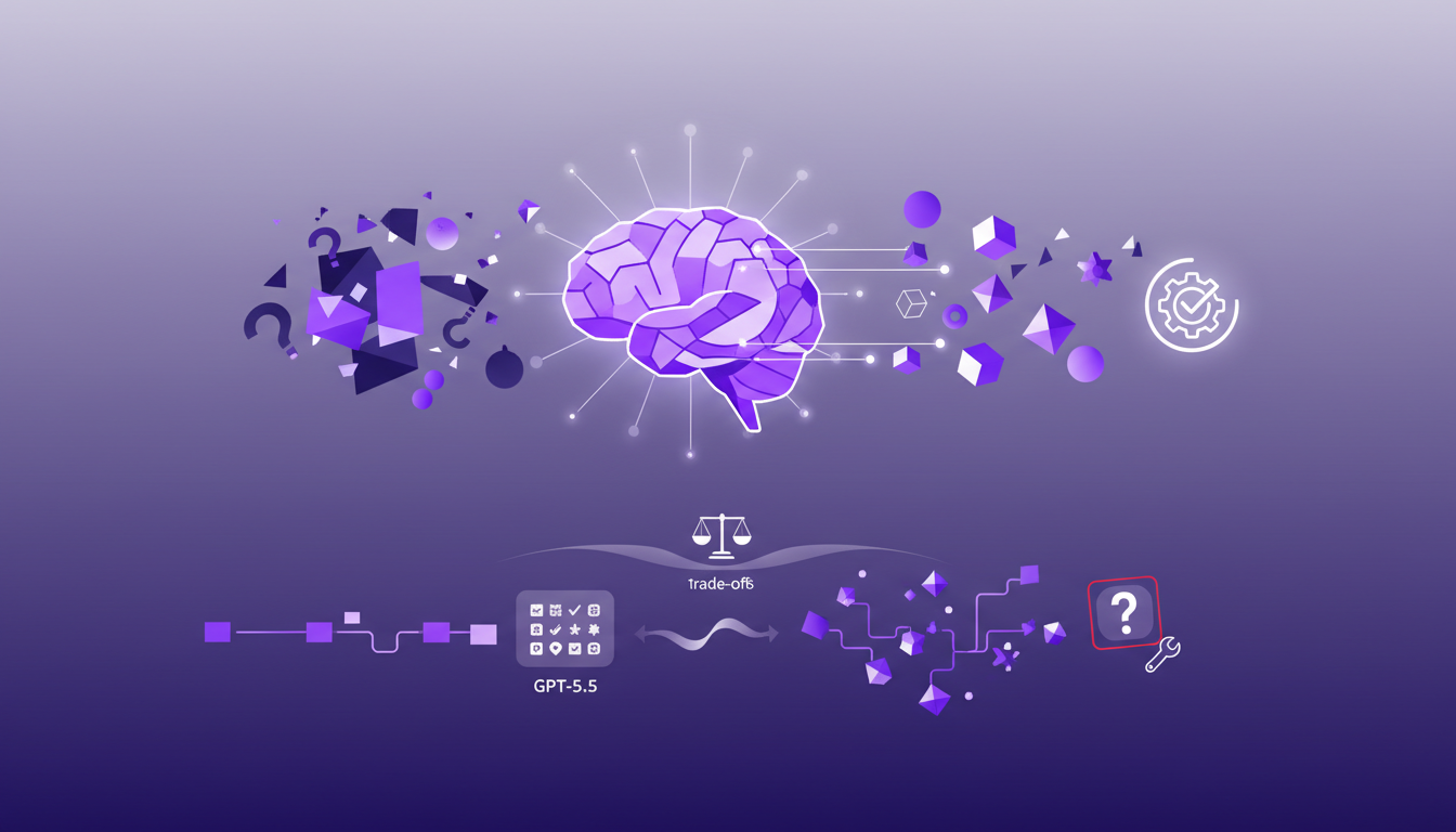 Modern illustration of AI GPT-5.5 handling ambiguity in autonomous task completion, featuring geometric shapes and gradient overlays.