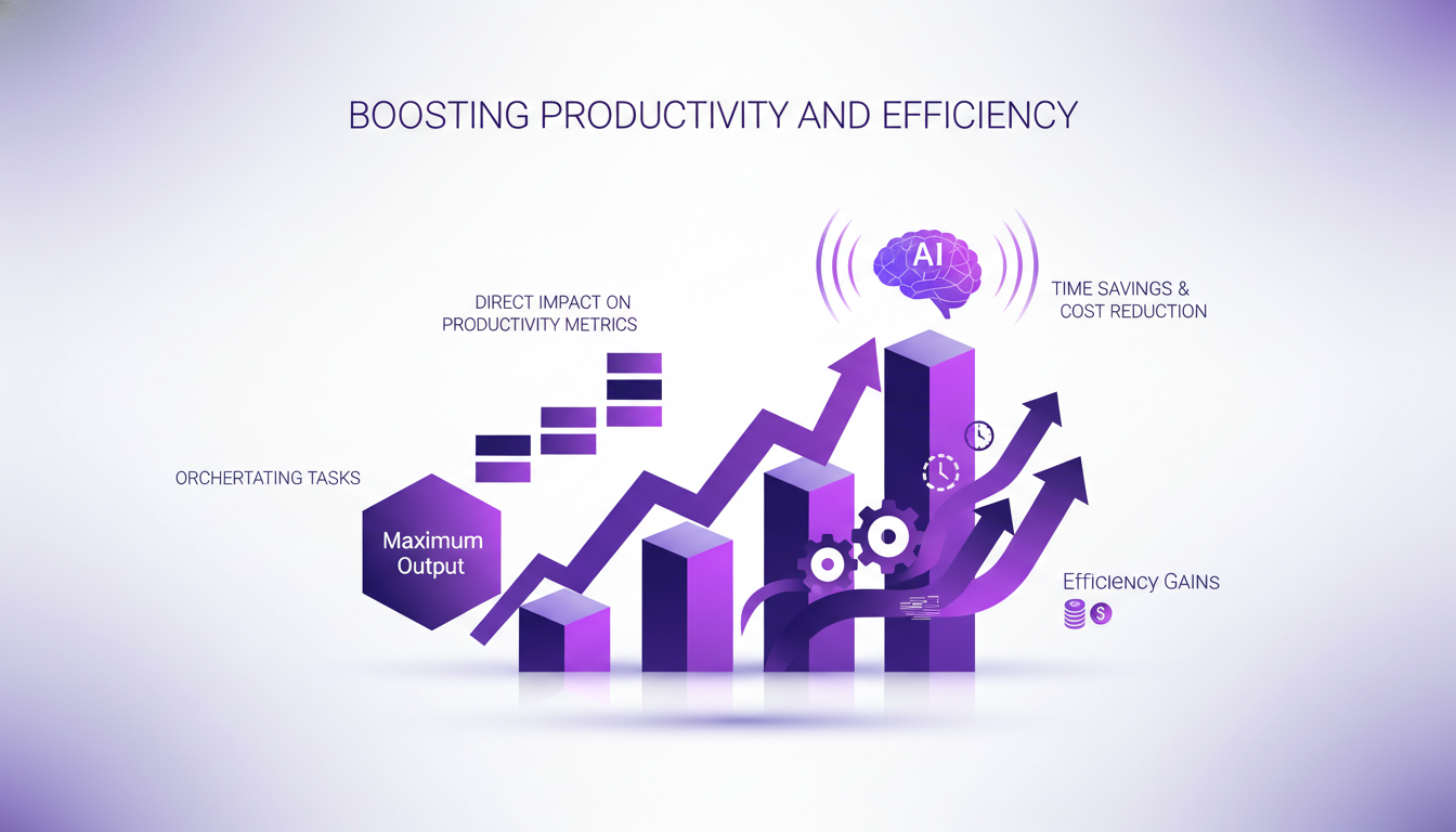Modern illustration of productivity and efficiency with geometric shapes and violet gradients, symbolizing AI's impact on project metrics.