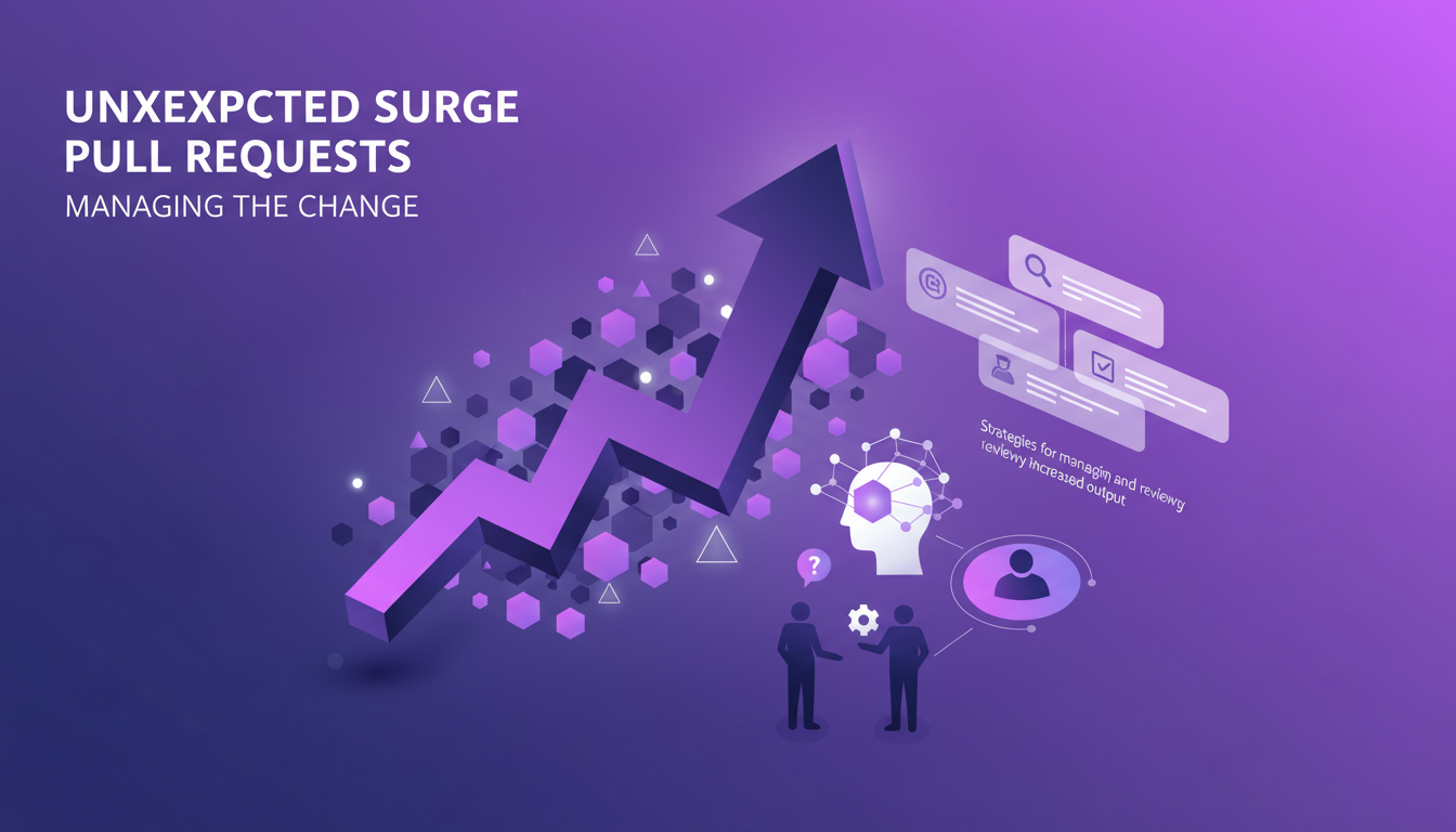 Modern illustration of managing an unexpected surge in pull requests with geometric shapes and violet gradients.