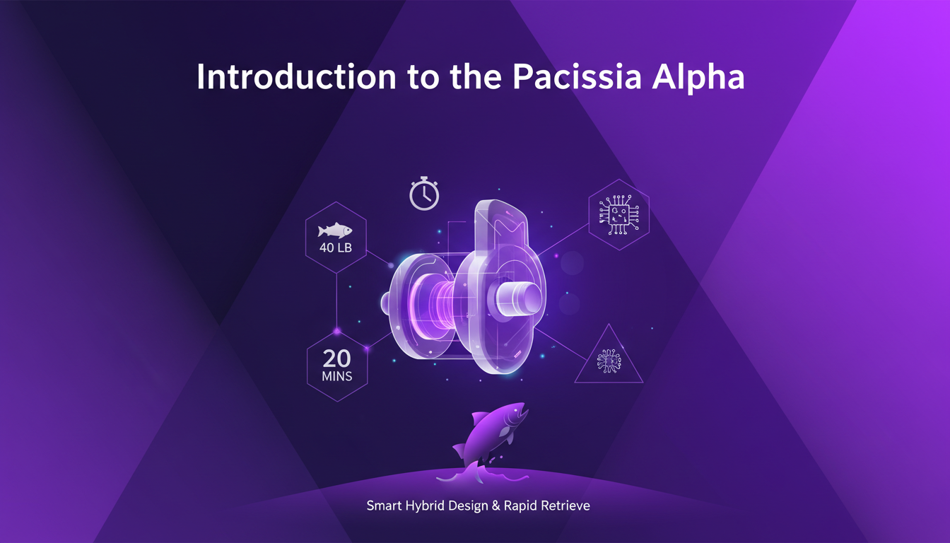 Modern illustration of Pacissia Alpha, smart hybrid design, catching 40 lb salmon in 20 mins, AI technology focus