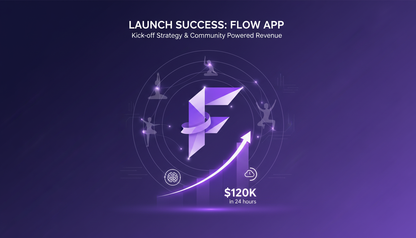 Illustration moderne du succès du lancement de l'application Flow, affichant une stratégie de lancement réussie avec des formes géométriques.