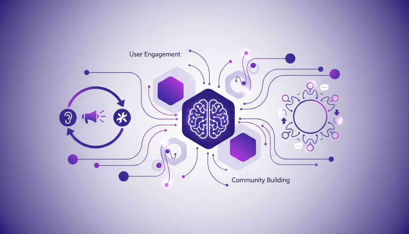 Illustration moderne de l'engagement utilisateur avec formes géométriques et dégradés, symbolisant les tactiques d'engagement et la technologie AI.