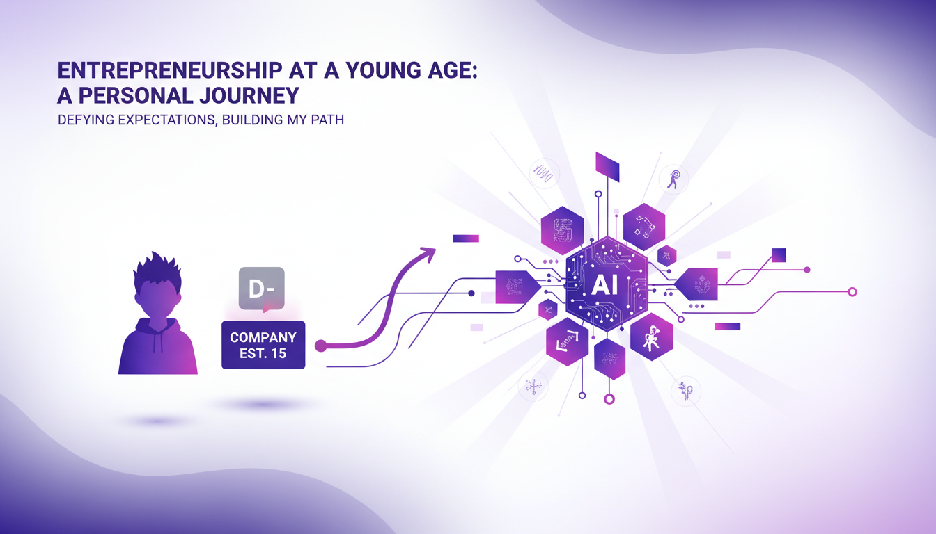 Illustration moderne de l'entrepreneuriat jeune, symbolisant la résilience et l'innovation avec des formes géométriques et des dégradés violets.