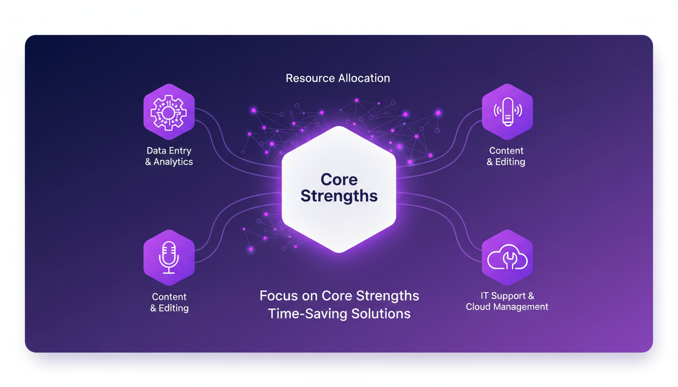 Illustration moderne de l'externalisation des tâches pour l'efficacité, avec des formes géométriques et des couleurs indigo et violettes.