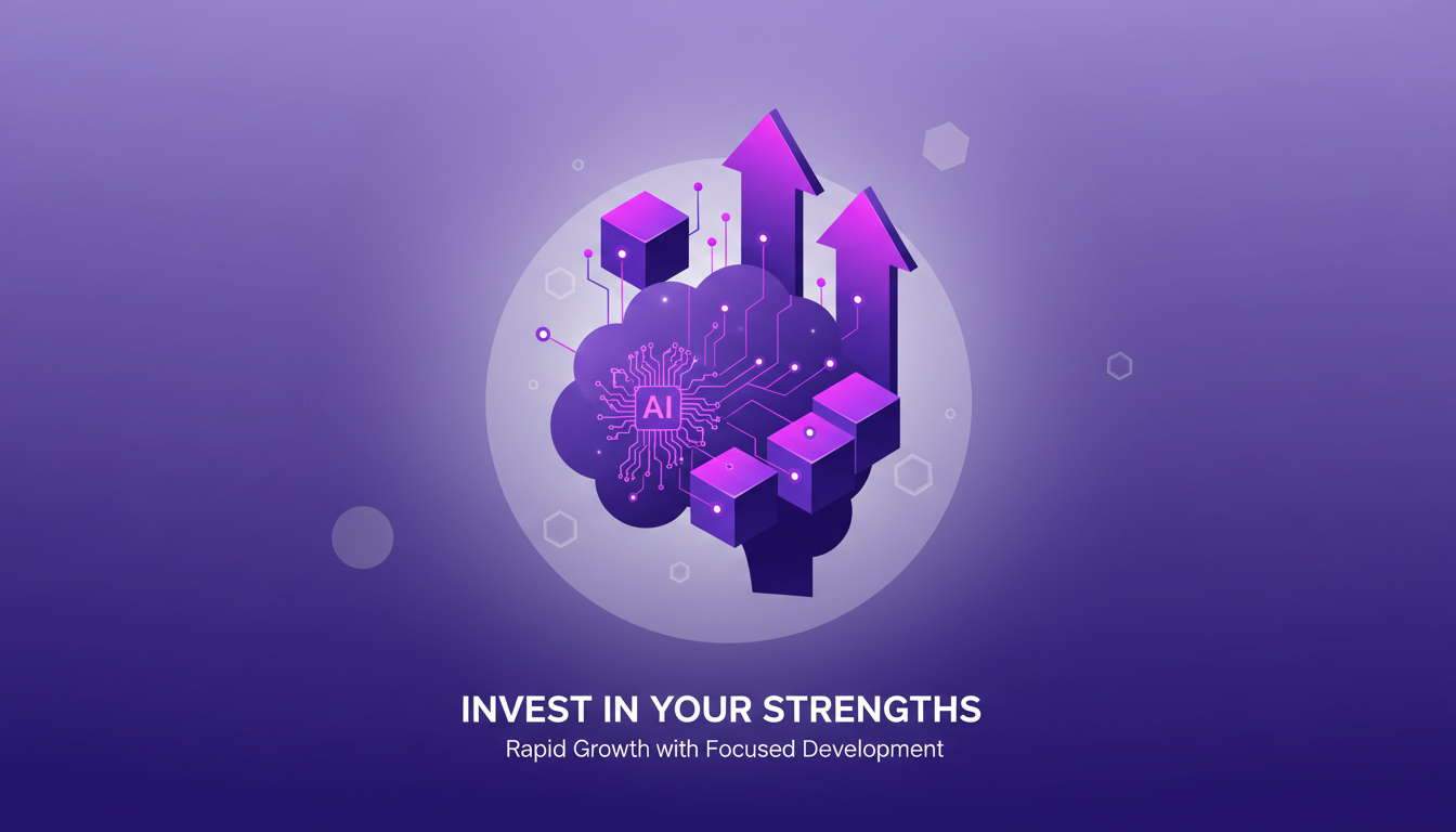 Illustration moderne de développement des compétences axé sur les forces avec formes géométriques et dégradés, palette indigo et violet.