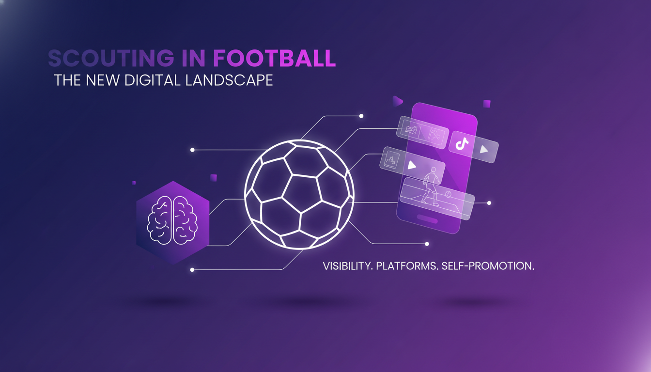 Modern illustration of digital football scouting, featuring TikTok and AI, with geometric shapes and gradient overlays.