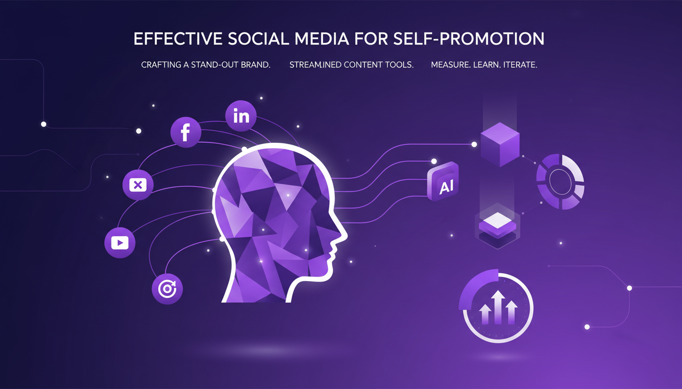 Modern illustration of effective social media use for self-promotion, featuring geometric shapes and violet gradients.