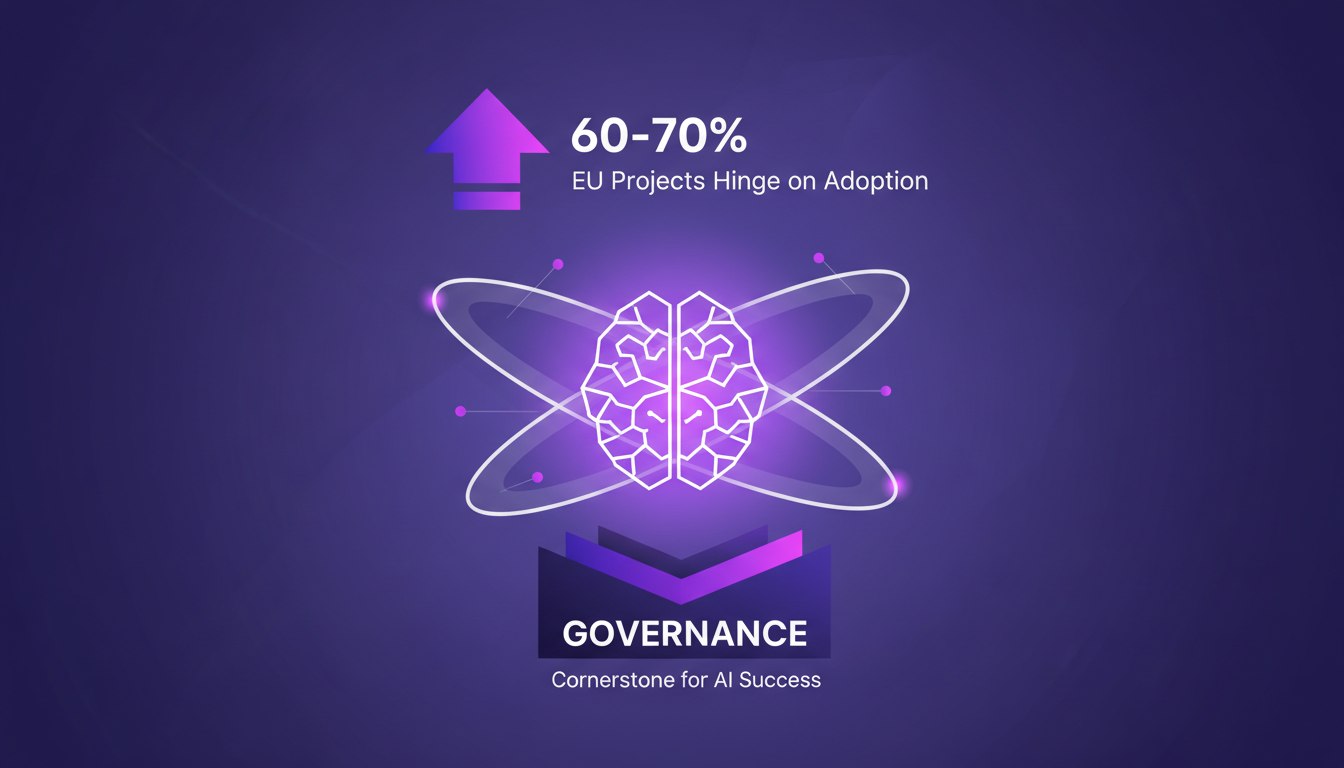 Illustration moderne de succès de projet IA avec adoption et gouvernance, formes géométriques, dégradés indigo et violet, technologie AI.