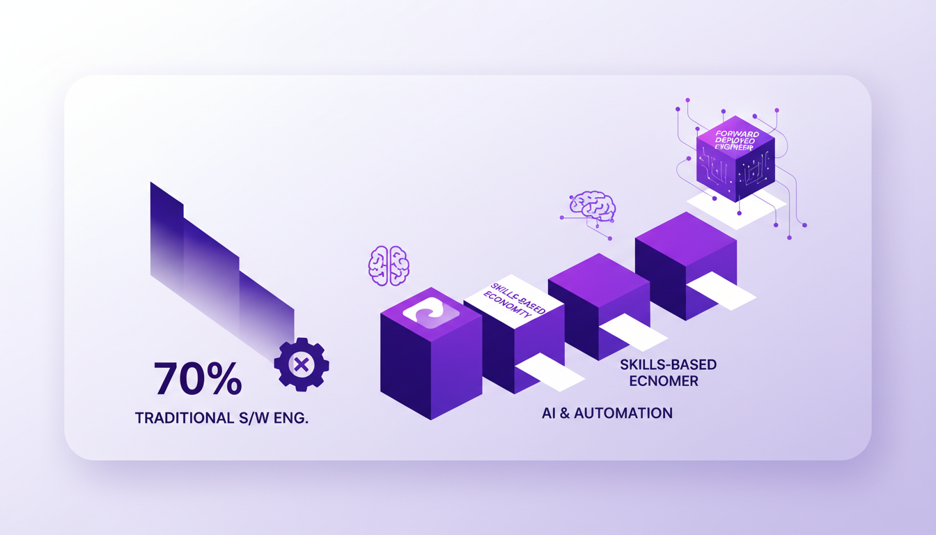 Illustration moderne sur les perspectives futures et les changements économiques avec des formes géométriques et dégradés indigo et violet.
