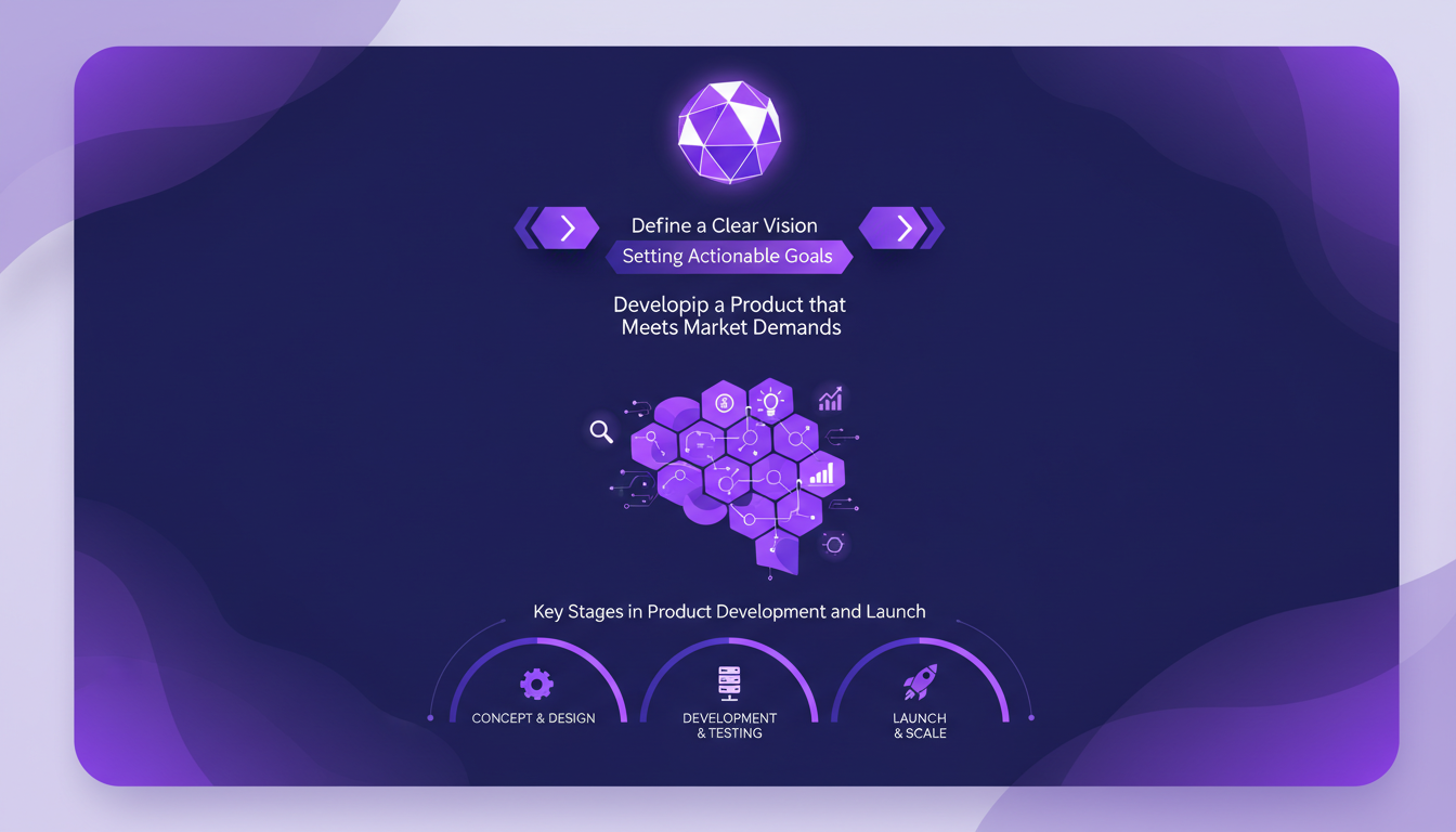 Modern illustration of product launch workflow with AI, geometric shapes, indigo and violet colors, minimalist style.