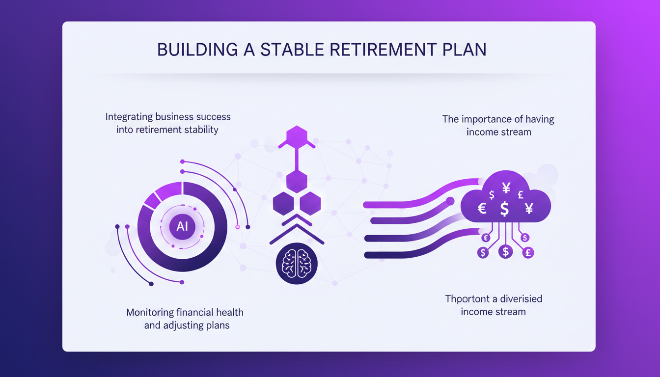 Modern illustration of a stable retirement plan, integrating business success and stability, with geometric shapes and indigo gradients.