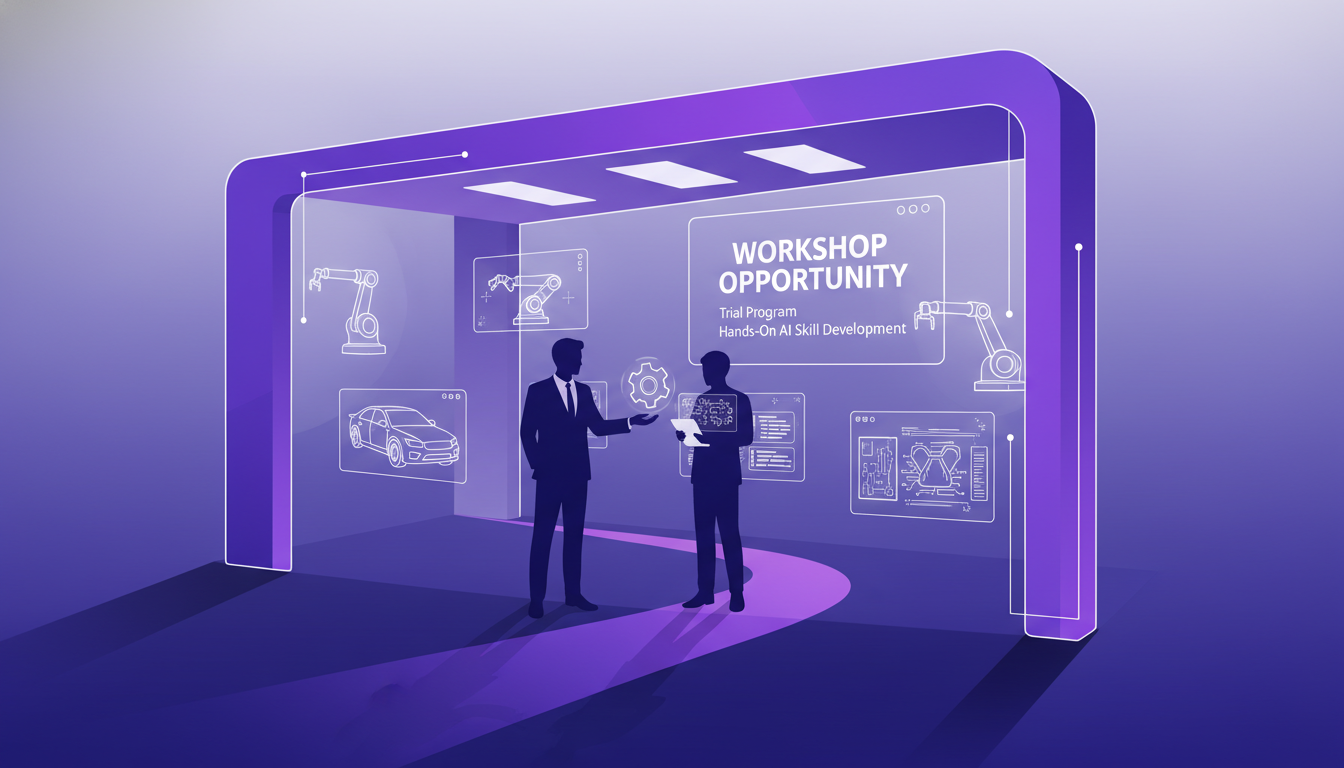 Modern illustration of an innovative automotive workshop with geometric elements, highlighting a trial opportunity offer.