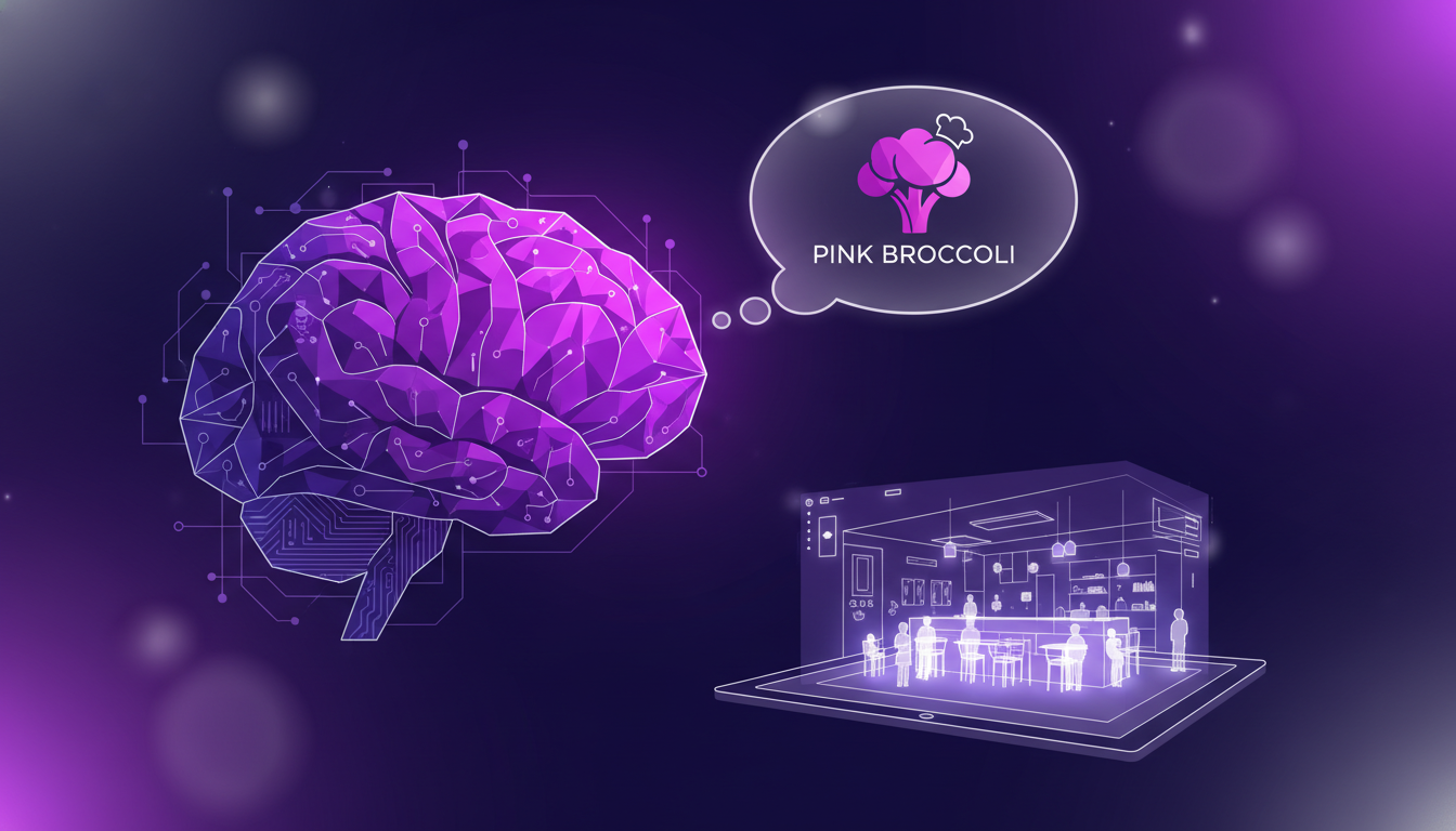 Illustration moderne d'un chef rêvant grand, inspiré par la vision 'Pink Broccoli', avec des formes géométriques et des dégradés violets.