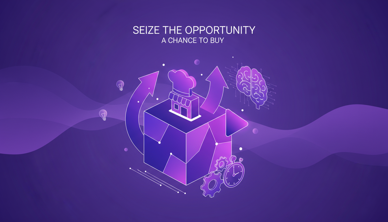 Illustration moderne d'une opportunité d'achat d'un restaurant, symbolisant la prise de décision rapide et l'importance du bon timing.