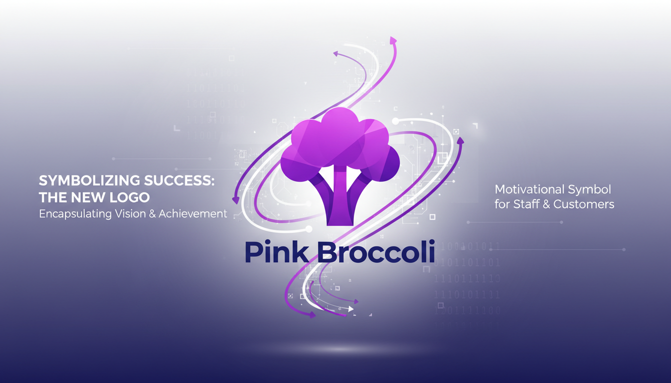 Illustration moderne et minimaliste du nouveau logo Pink Broccoli, symbolisant le succès et l'innovation avec des formes géométriques et des dégradés.