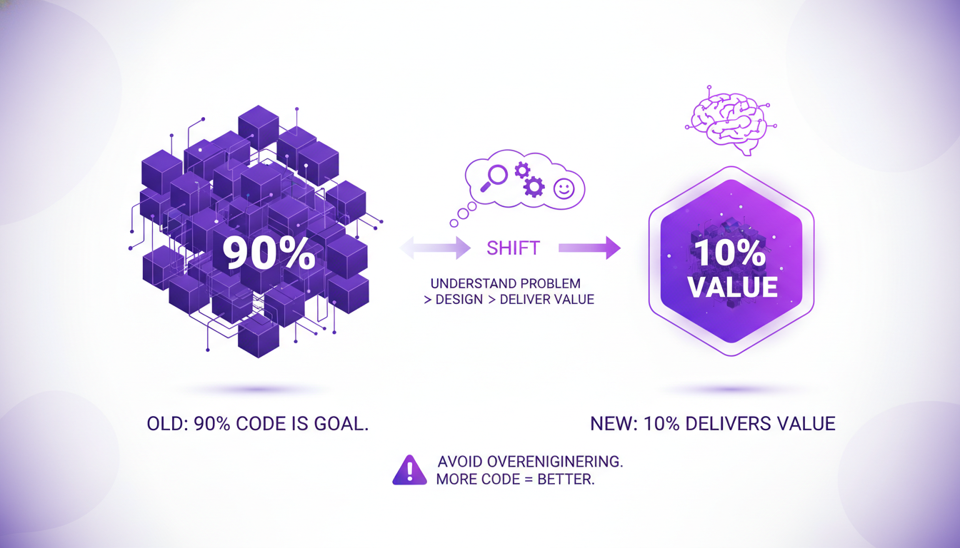 Modern illustration on the shift from coding to solution-focused engineering, featuring geometric shapes and indigo gradients.
