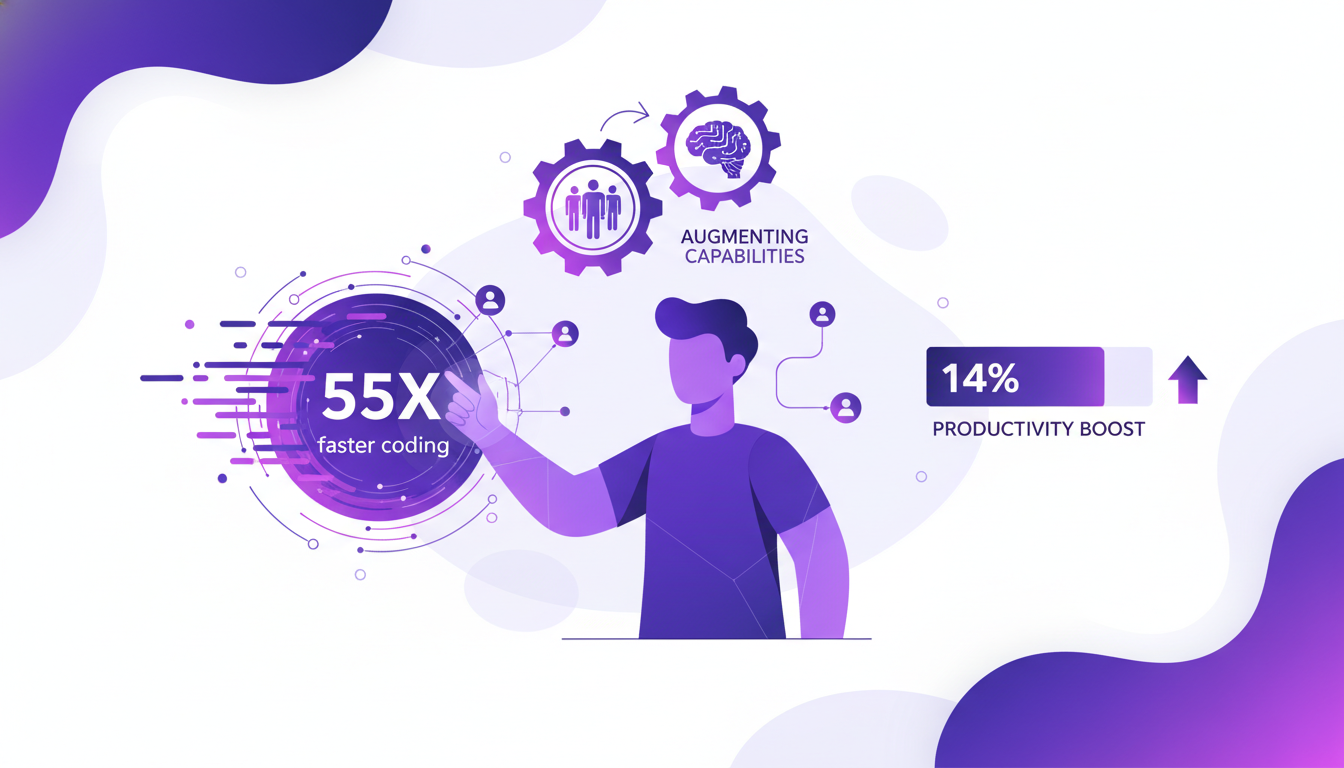 Modern illustration of junior engineers embracing AI, showcasing coding 55 times faster with AI tools, featuring indigo and violet palette.