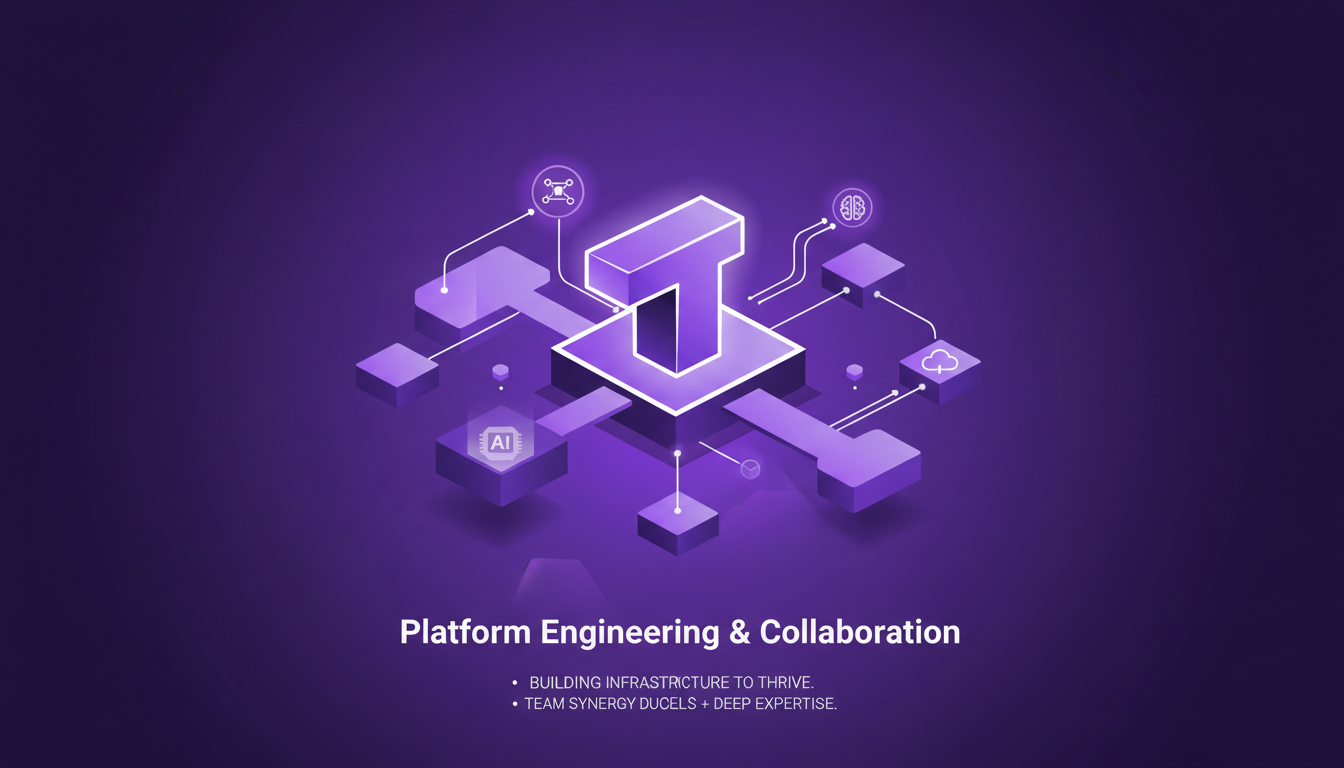 Modern illustration of platform engineering and collaboration, featuring geometric shapes and indigo and violet gradients.