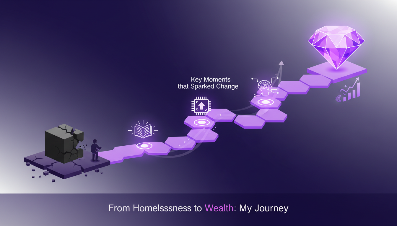 Modern illustration depicting a journey from homelessness to wealth, featuring geometric shapes and violet gradients.