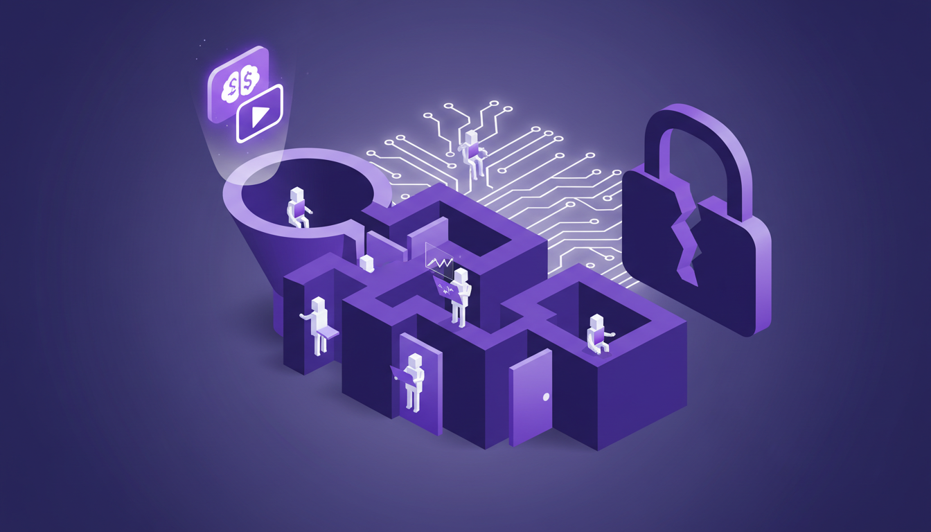 Modern minimalist illustration critiquing get-rich-quick schemes, featuring geometric shapes and violet gradients.