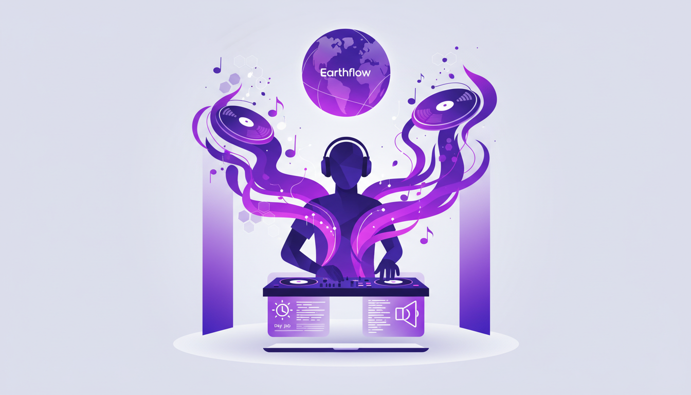 Modern illustration of Earthflow's DJ aspirations, blending musical passion and career challenges, featuring violet and indigo gradients.