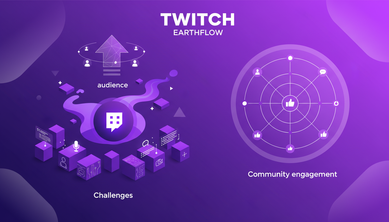 Modern Twitch illustration featuring Earthflow on indigo and violet gradients, representing growth and creative challenges.