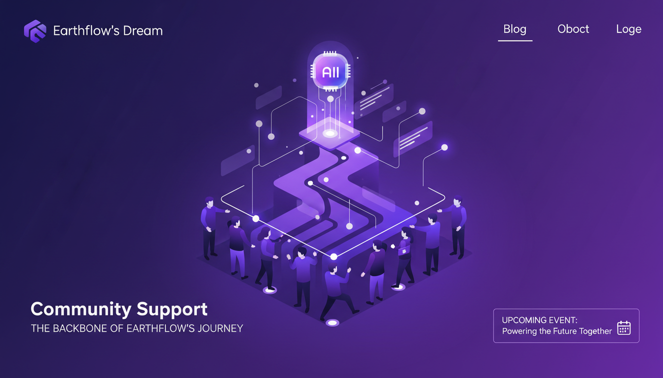Modern illustration showing crucial community support in Earthflow's journey, featuring geometric shapes and violet gradient, highlighting engagement.