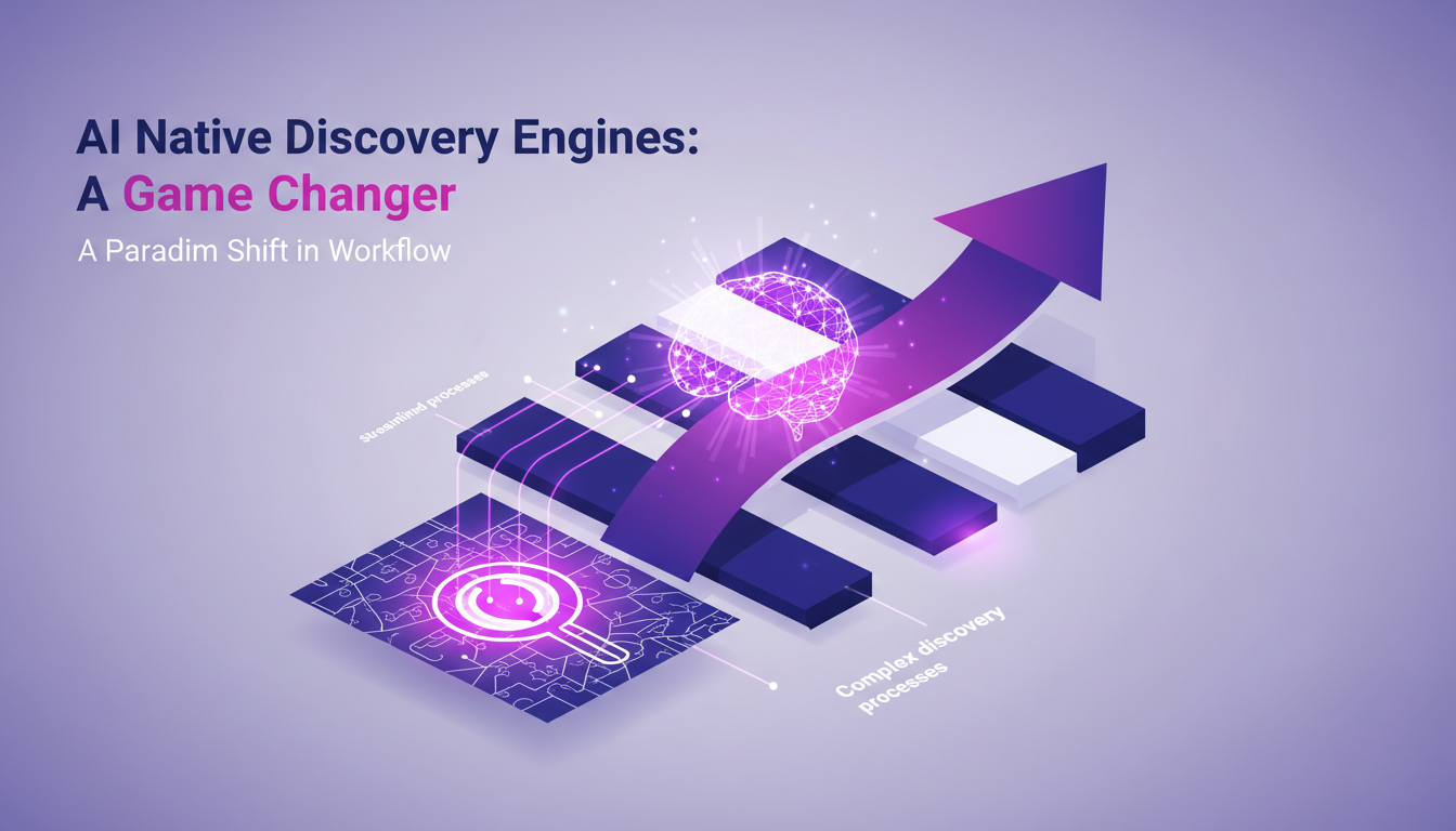Modern illustration of AI native discovery engines, representing a paradigm shift with seamless integration and enhanced productivity.