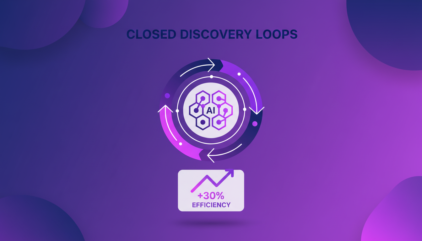 Modern illustration of closed discovery loops with geometric shapes and gradients, symbolizing increased research efficiency.