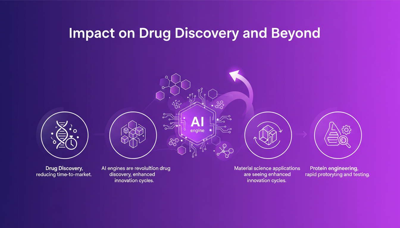 Modern illustration of AI's impact on drug discovery, featuring geometric shapes and indigo-violet gradients.