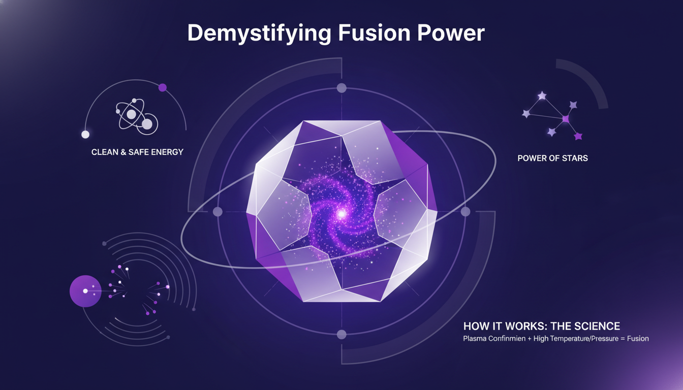 Illustration moderne et minimaliste sur l'énergie de fusion, source d'énergie propre et sûre, avec formes géométriques et dégradés indigo.