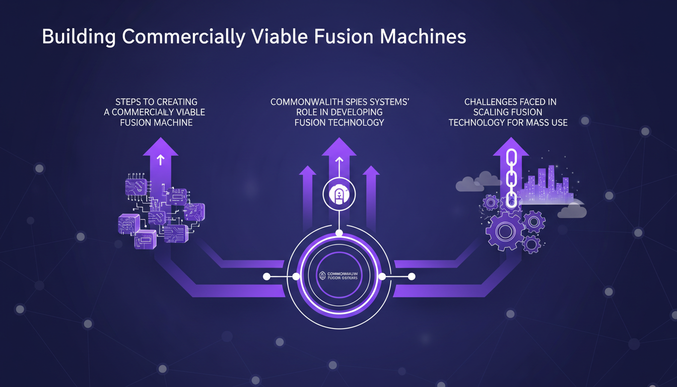 Illustration moderne de machines à fusion commerciale, mettant en avant le rôle de Commonwealth Fusion Systems dans la technologie de fusion.