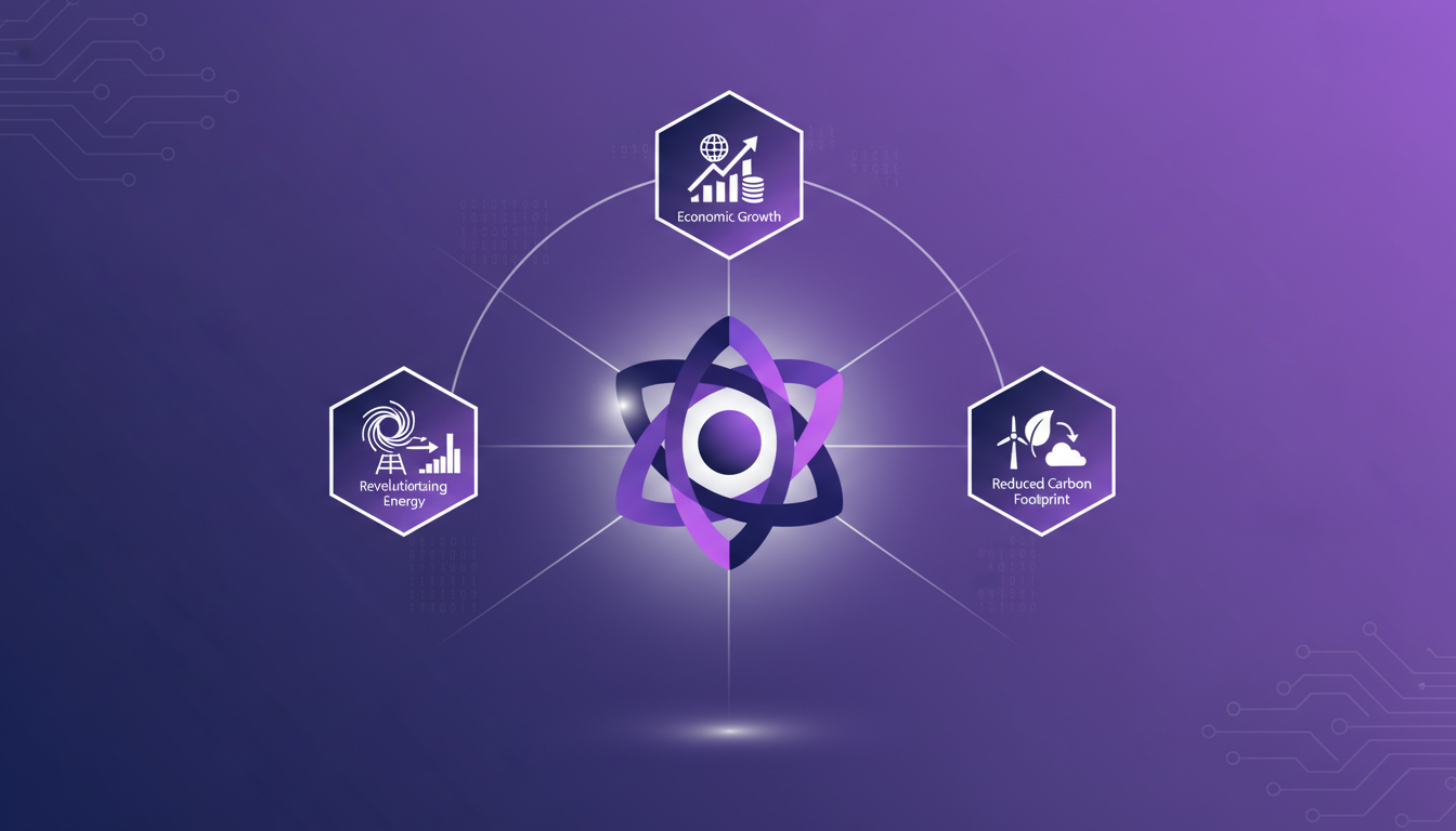 Illustration moderne de l'impact de la fusion sur l'industrie énergétique, avec des formes géométriques et des gradients indigo et violet.