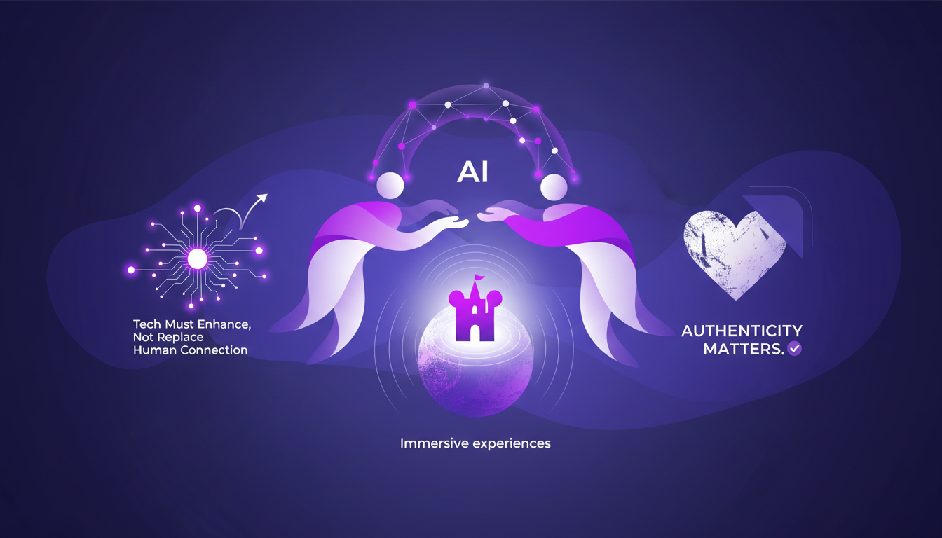 Illustration moderne montrant l'équilibre entre technologie et connexion humaine, avec formes géométriques et dégradés violet.