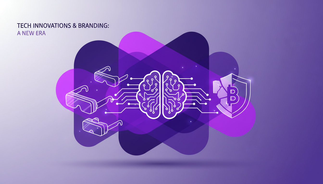 Illustration moderne de l'ère des innovations technologiques et du branding, avec des formes géométriques et une palette indigo-violet.