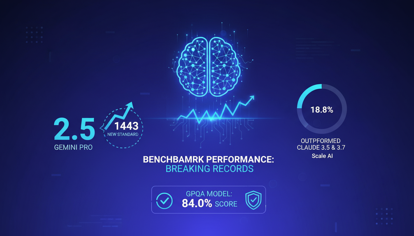 Modern illustration of Gemini 2.5 Pro breaking performance records, outperforming Claw 3.5 and 3.7 with a score of 1443.